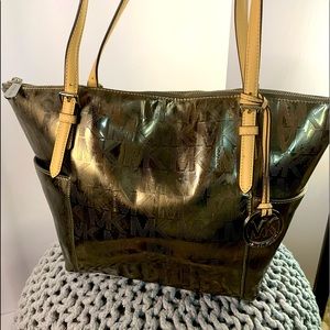 Michael Kors Bronze Metallic Shoulder Bag 14x12, Tan Leather Straps, Good Shape